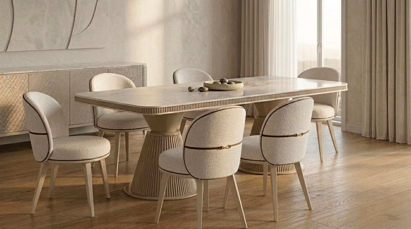 Set elegante per sala da pranzo, beige, con un grande tavolo da pranzo e sedie, di alta qualità e lussuoso