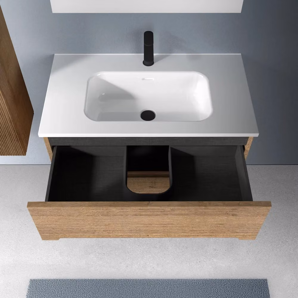 Mobile bagno sospeso Rigo in rovere cannettato con 2 cassetti e specchio, colore bianco, Larghezza: 100 cm – 2
