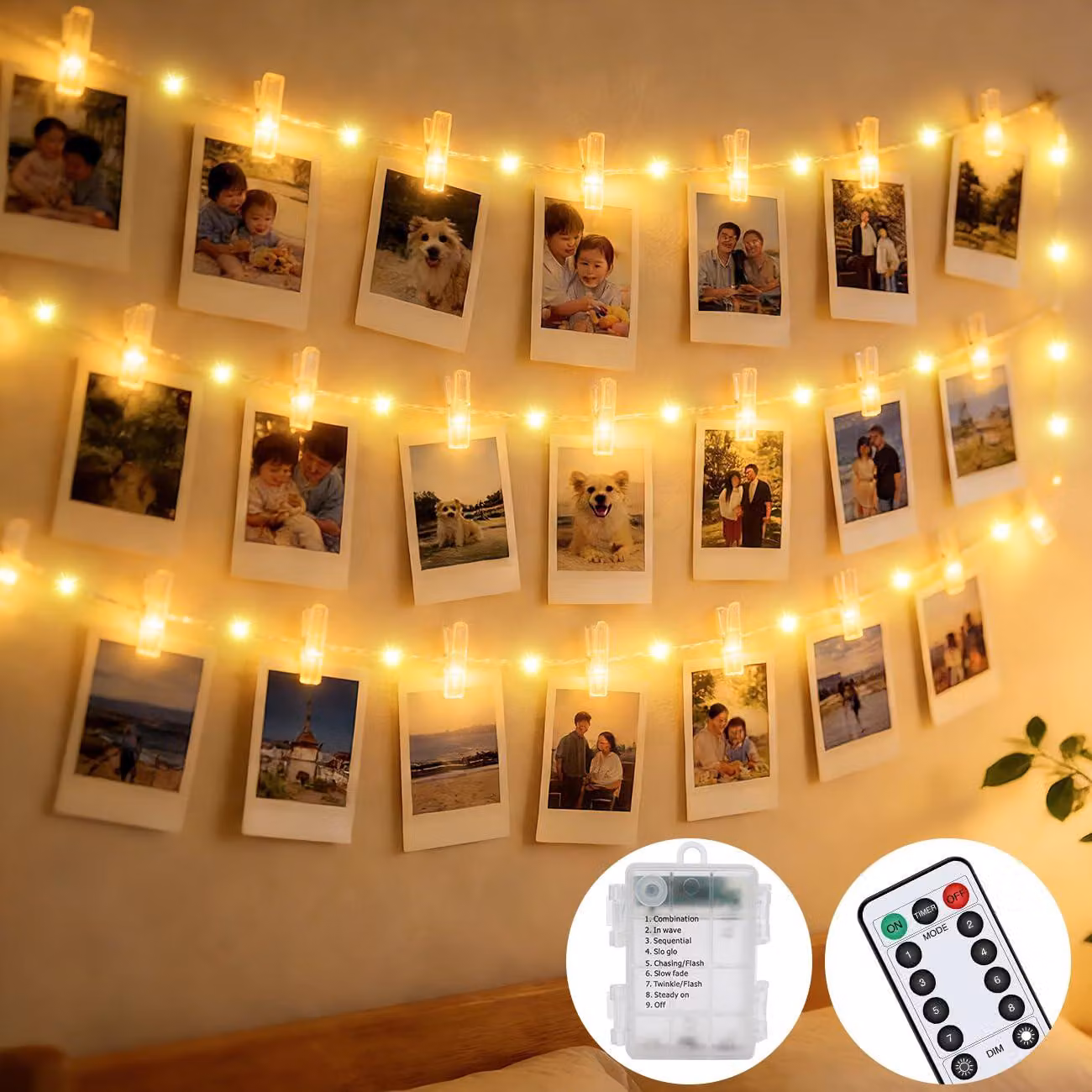 Catena luminosa a LED, 5 metri, 50 LED, 8 modalità, con clip per foto