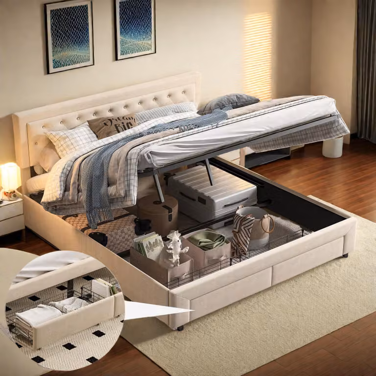 UnboxG Letto imbottito 160x200 cm in velluto beige con contenitore, letto matrimoniale idraulico con 2 cassetti ai piedi del letto, rete a doghe