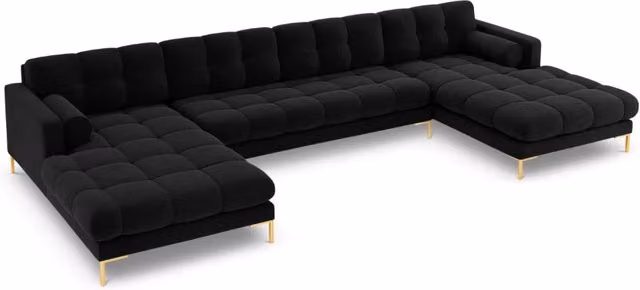 Divano panoramico Bali da 7 posti Cosmopolitan Design in velluto nero e oro con struttura in metallo e cuscini inclusi L: 383 cm, P: 185 cm, H: 75 cm – 1
