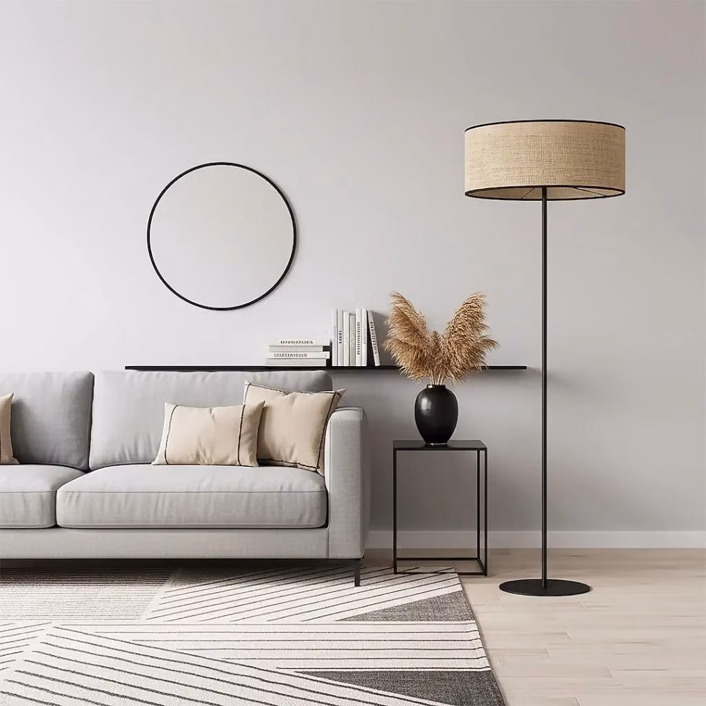 Lampada da terra boho in rattan e metallo Emibig, colore nero e beige, attacco E27 – 2