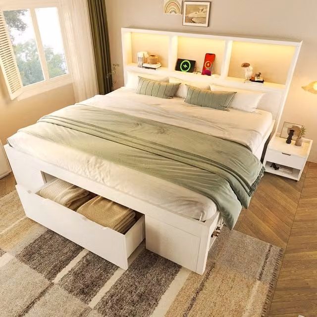 Letto contenitore matrimoniale con LED e cassetti ¨C Minimal ¨C Bianco legno 140x190cm