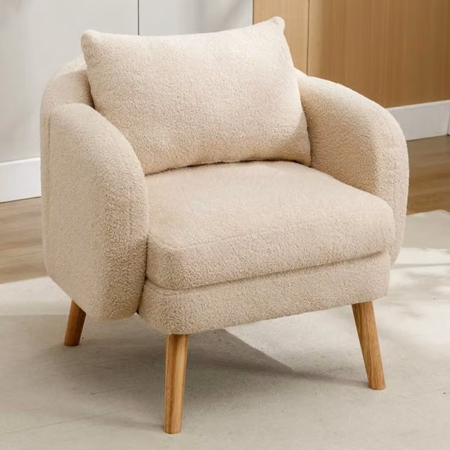 Poltrona relax moderna OKWISH in tessuto boucle beige con base in legno massello e braccioli