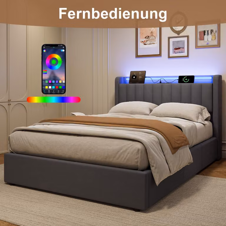 okwish Letto imbottito 140×190 con illuminazione a LED e testiera con contenitore, letto per ragazzi con cassetti, letto boxspring color grigio, materasso non incluso