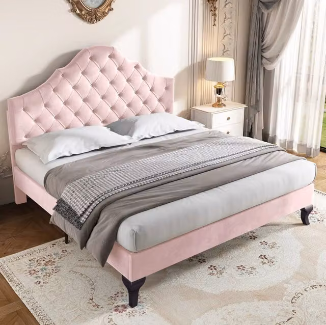 Letto imbottito 140x200 cm con rete a doghe e testiera regolabile; velluto rosa