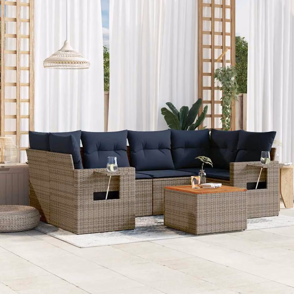Set da giardino vidaXL in polyrattan composto da 7 pezzi con cuscini grigi e blu in stile moderno a forma di L con tavolo da caffè e divani imbottiti