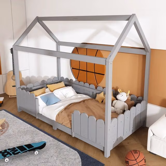 Letto singolo per bambini OKWISH in legno di pino con tetto e barriera di sicurezza, grigio, L/P/H: 200 x 90 x 175 cm