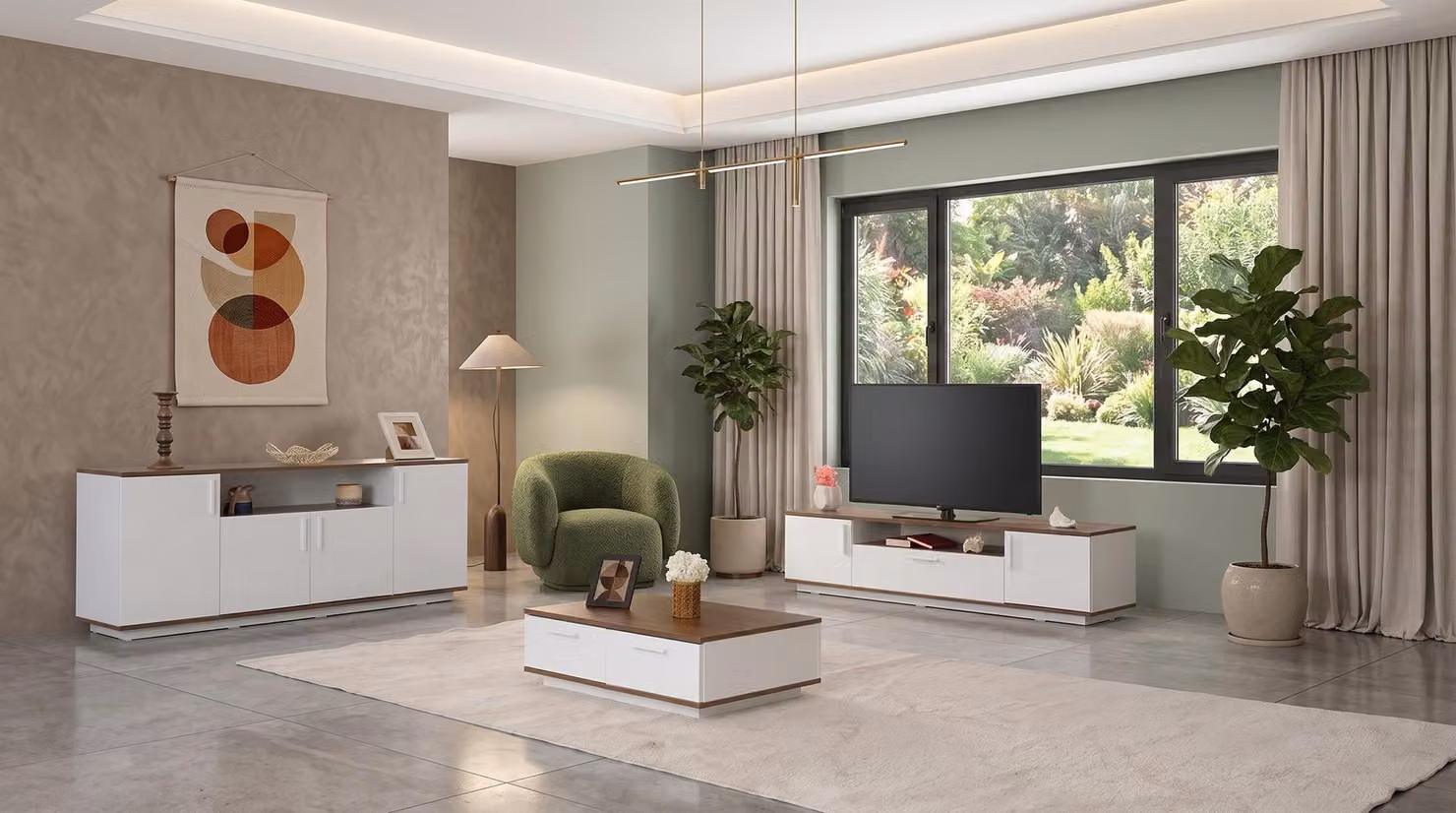 Televisore bianco, supporto TV, tavolino, consolle, mobili di design, soggiorno
