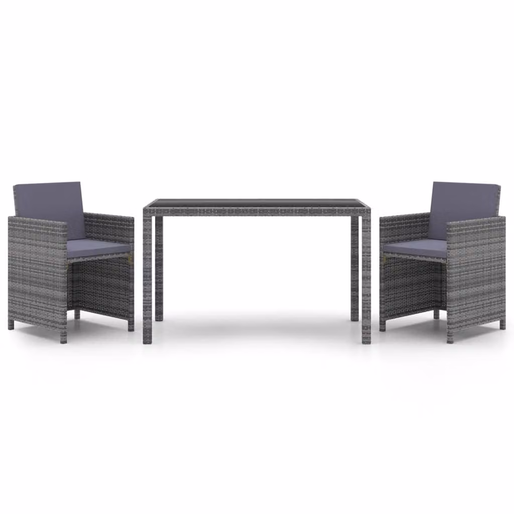Set da Pranzo da Giardino 3 pz con Cuscini Polyrattan Grigio