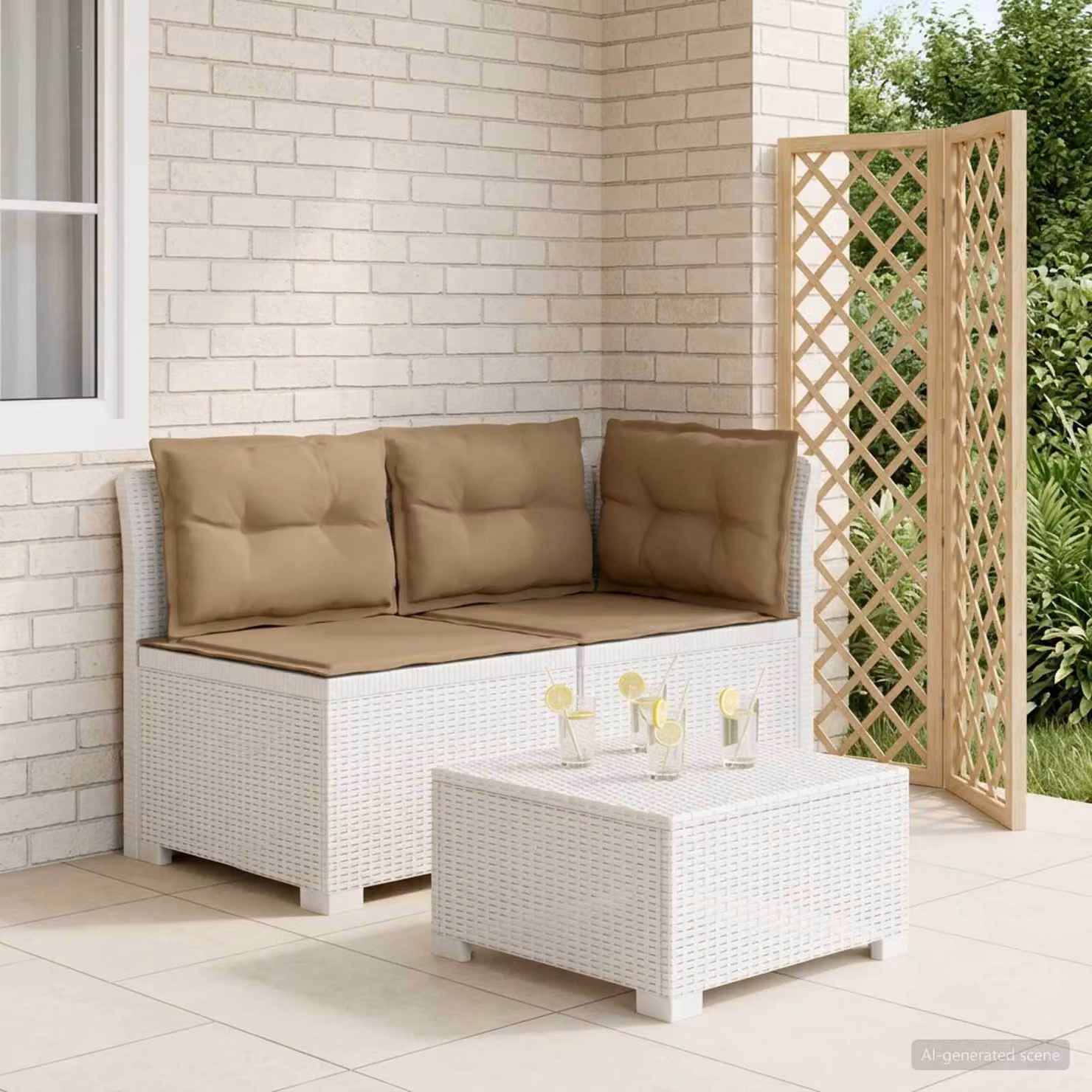 Divano da giardino a 2 posti vidaXL con cuscini beige e bianco in aspetto rattan e rivestimento resistente alle intemperie