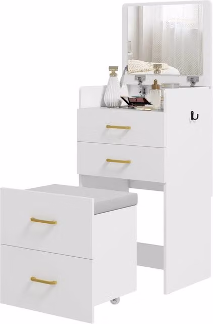 Tavolino trucco con specchio, comodino, sgabello rotelle, cassetti ¨C Minimal ¨C Bianco