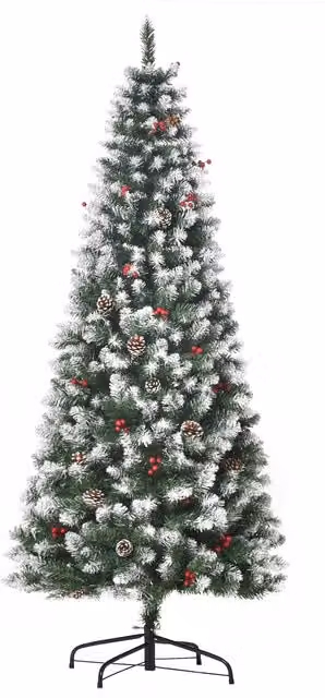 Albero di Natale artificiale innevato con bacche rosse e pigne bianche Aosom, colore bianco e verde, H 180 cm, Φ 65 cm – 1