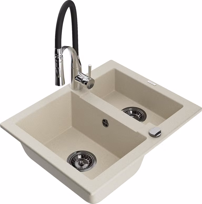 Mexen Carlos lavello in granito 1,5 vasche con miscelatore da cucina Aster, beige - 6518-69-73450-07-B