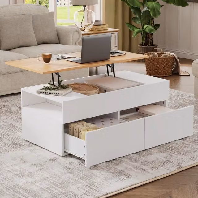 Tavolino da caffè MINIMAL con 2 cassetti e ripiano, Bianco e Legno, L: 100 cm, P: 50 cm, H: 40 cm