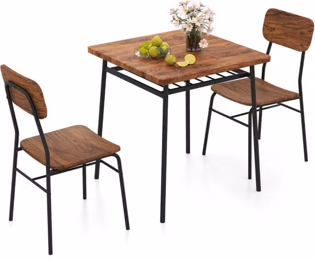 Set da pranzo composto da tavolo quadrato con scaffale e 2 sedie in legno e metallo, colore marrone, ideale per cucina o angolo colazione – 1