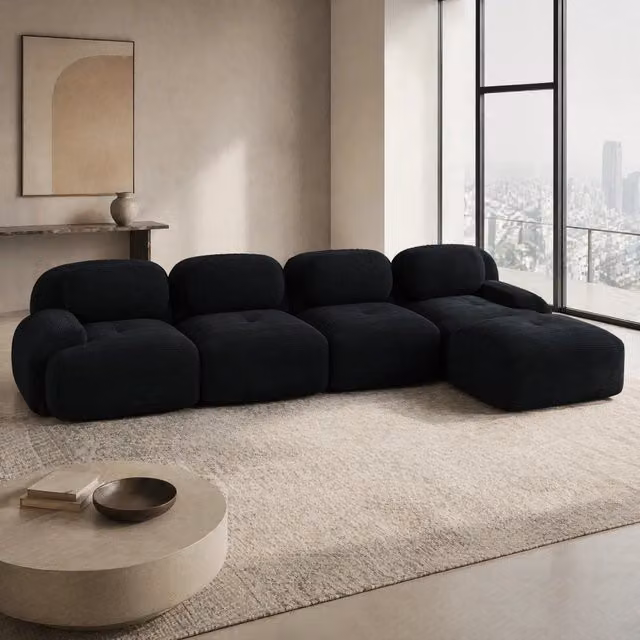 Divano angolare modulare senza telaio in velluto a coste nero 388×178×70 cm