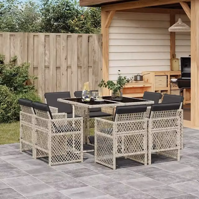 Set Pranzo da Giardino 9pz con Cuscini Grigio Chiaro Polyrattan 3210839