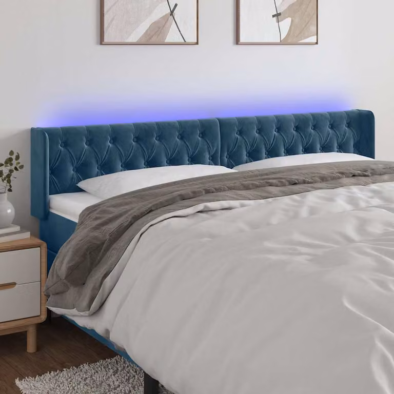 Testiera con LED e porta USB vidaXL in velluto blu scuro L: 203 cm, P: 16 cm, H: 78-88 cm