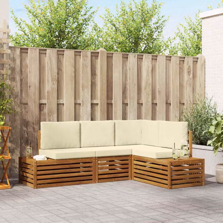 Set di divani da esterno a L vidaXL in legno di acacia con cuscini beige e bianchi