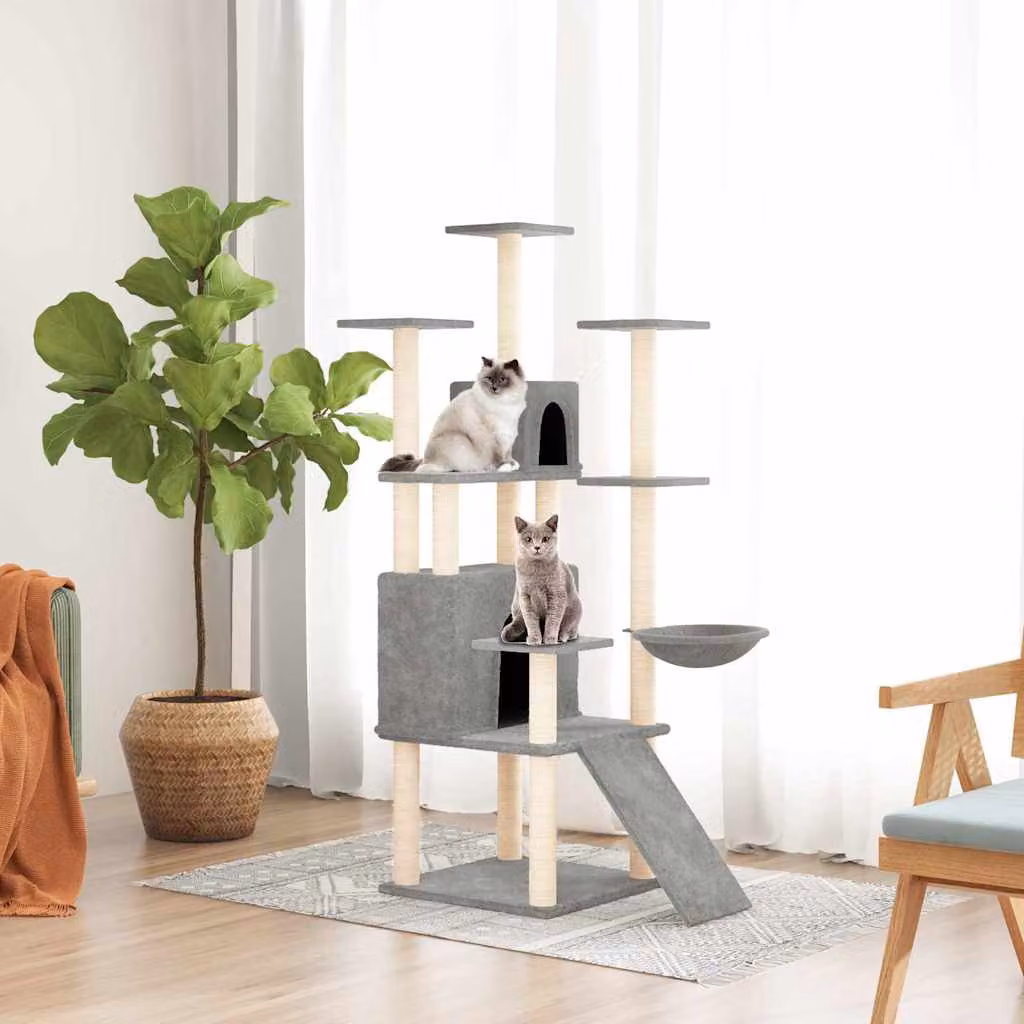 Albero per gatti vidaXL con tiragraffi in sisal, amaca e cuccia, grigio, Altezza: 154 cm