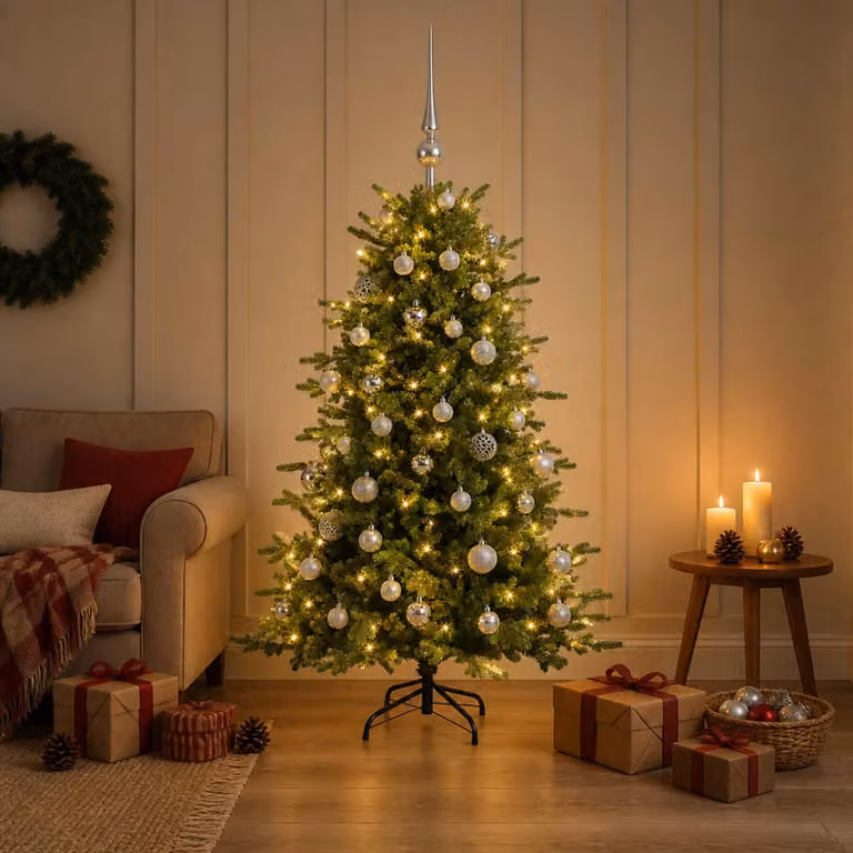 Albero di Natale artificiale verde vidaXL con 150 LED luce bianca calda e decorazioni con palline, Altezza: 150 cm