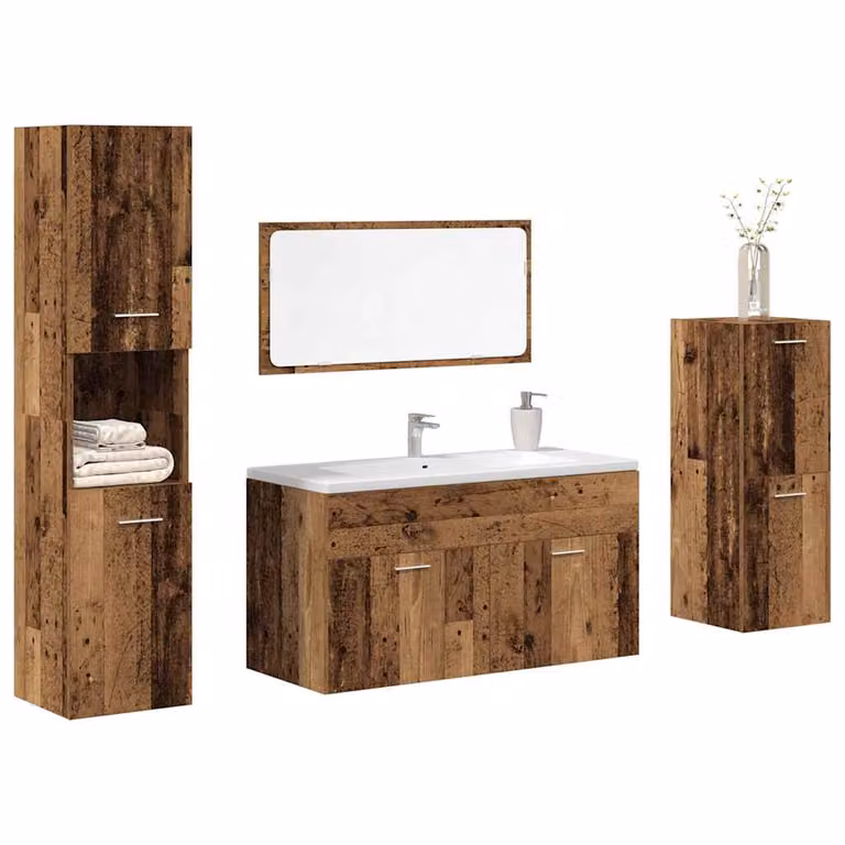Set di mobili da bagno vidaXL 4 pezzi in legno multistrato color marrone antico con armadietto a specchio e mobile sospeso