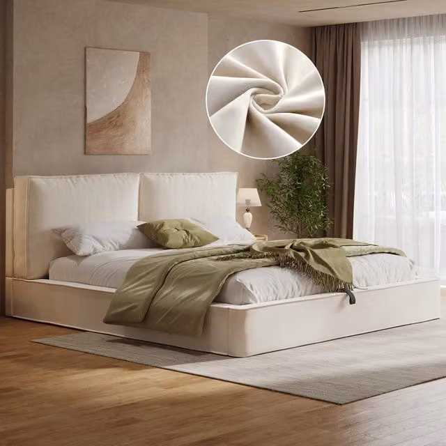 Letto imbottito con contenitore idraulico e testiera, 180x200 cm, velluto beige