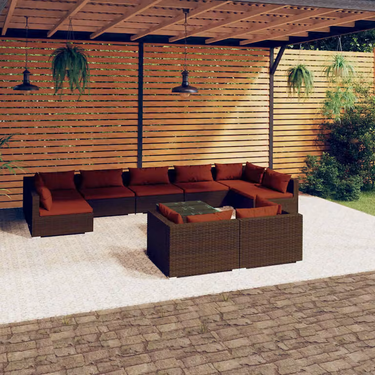 Set di divani da giardino vidaXL a forma di U composto da 10 pezzi con cuscini marroni e tavolino da esterno in rattan e metallo
