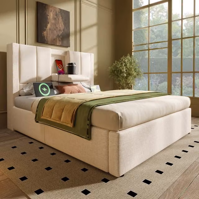 Letto contenitore singolo imbottito in lino 90 x 200 cm, con contenitore idraulico, portabicchiere nascosto, ricarica e rete a doghe, beige