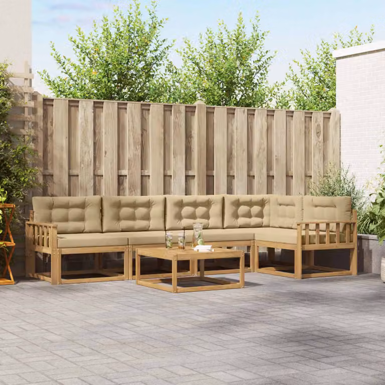 Set di divani da esterno vidaXL a forma di L con tavolo da caffè, 6 pezzi, Bianco e Beige, in legno di acacia e tessuto