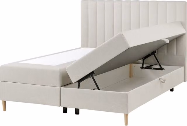 Divano letto matrimoniale Beliani con contenitore sollevabile e testiera imbottita, colore bianco, L/P/H: 211 x 160 x 123 cm