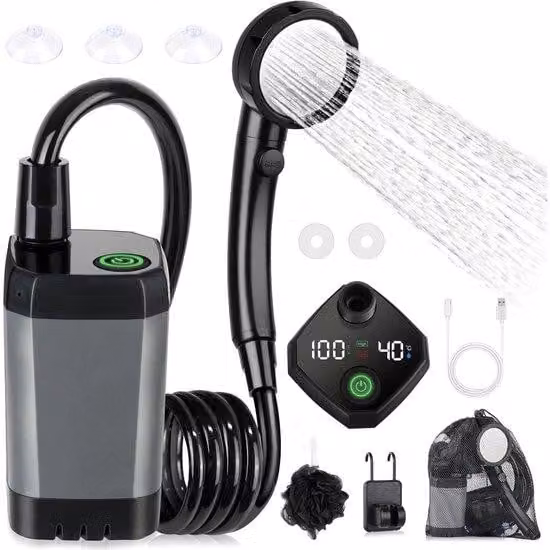 Doccia da campeggio portatile - 6000 mAh - con pompa dell'acqua e indicatore di temperatura - con soffione e tubo flessibile da 2 m - Set doccia da campeggio per esterni - per giardino, autolavaggio, spiaggia, viaggi e animali domestici