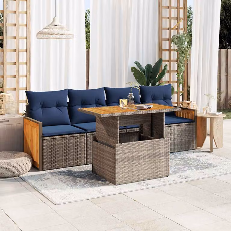 Set Divano da Giardino vidaXL 5 Pezzi in Polyrattan e Legno di Acacia con Cuscini, Grigio e Blu