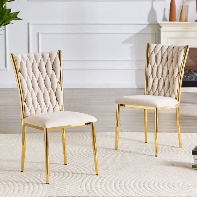Sedia da pranzo ULEVR in velluto beige con schienale intrecciato, seduta imbottita e gambe in metallo dorato