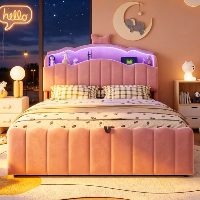 Letto contenitore per bambini 140 × 200 cm con LED regolabile, USB e USB-C, senza materasso, in velluto rosa
