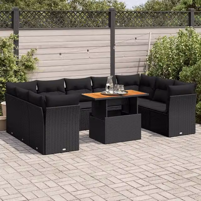 Set Divani da Giardino 10pz con Cuscini in Polyrattan Nero 3326967