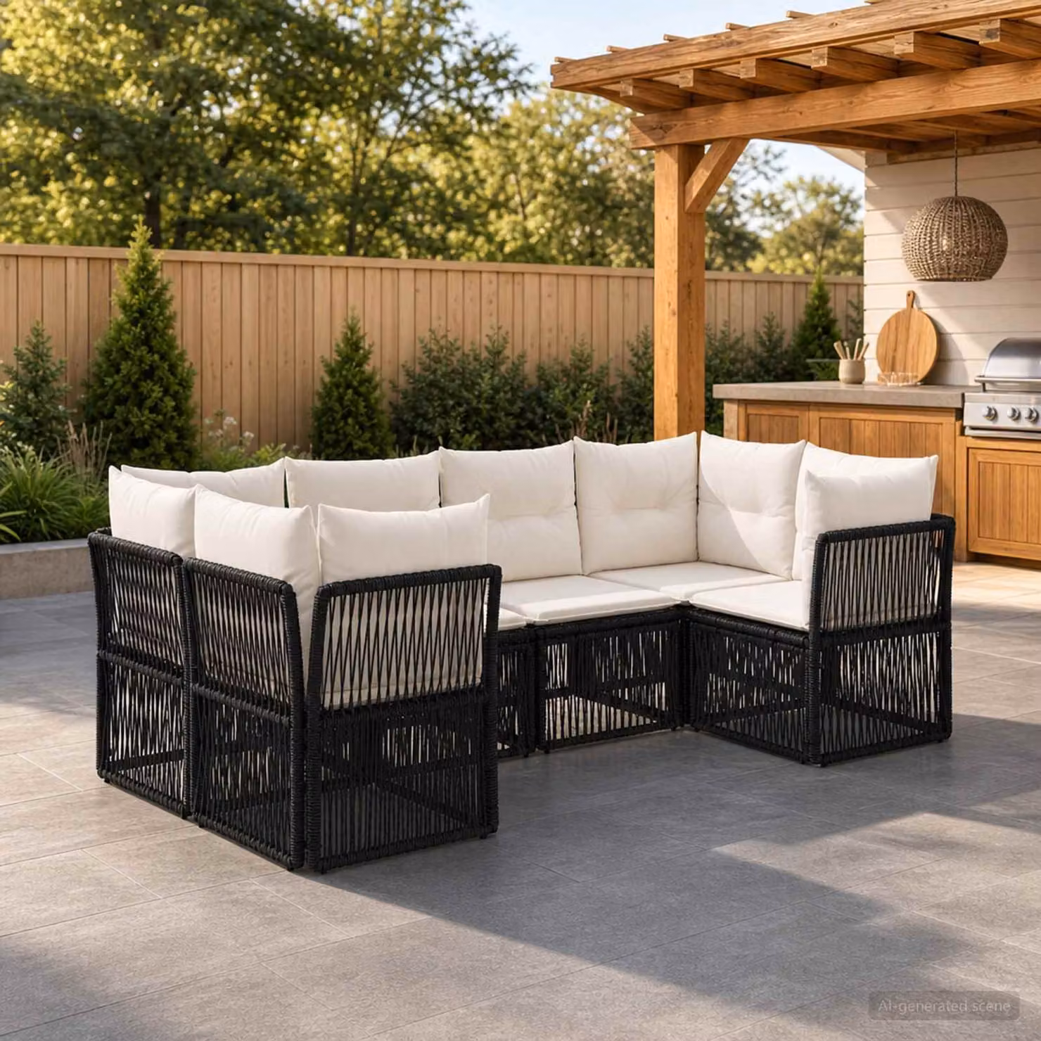 Set Divano da Giardino vidaXL a 6 posti a forma di U in Polyrattan Nero con Cuscini e Rivestimenti Rimovibili