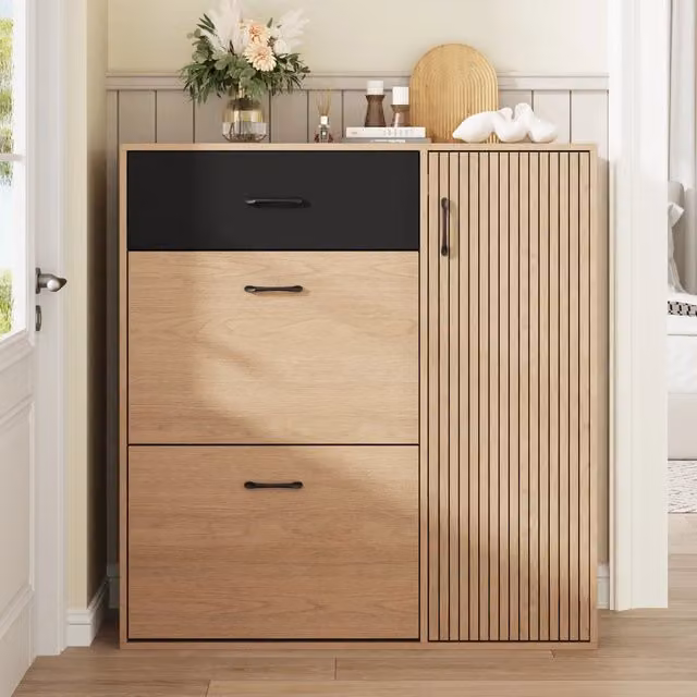 Scarpiera salvaspazio con 1 cassetto 2 ante a ribalta e 1 anta per ingresso in MDF nero e naturale 100 × 35 × 106 cm