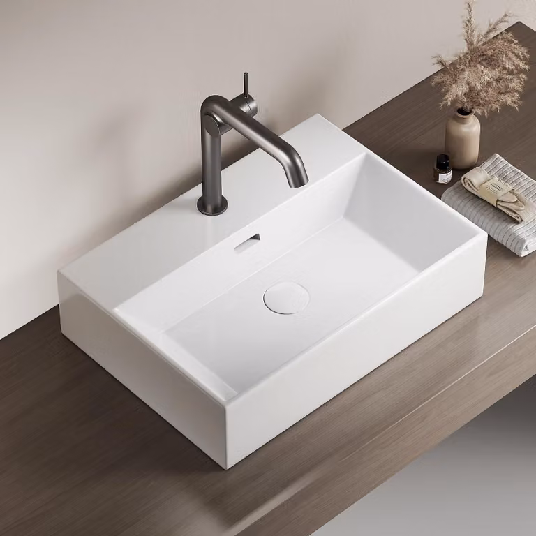 Lavabo in Vetroceramica EMKE, design squadrato, lavabo da appoggio