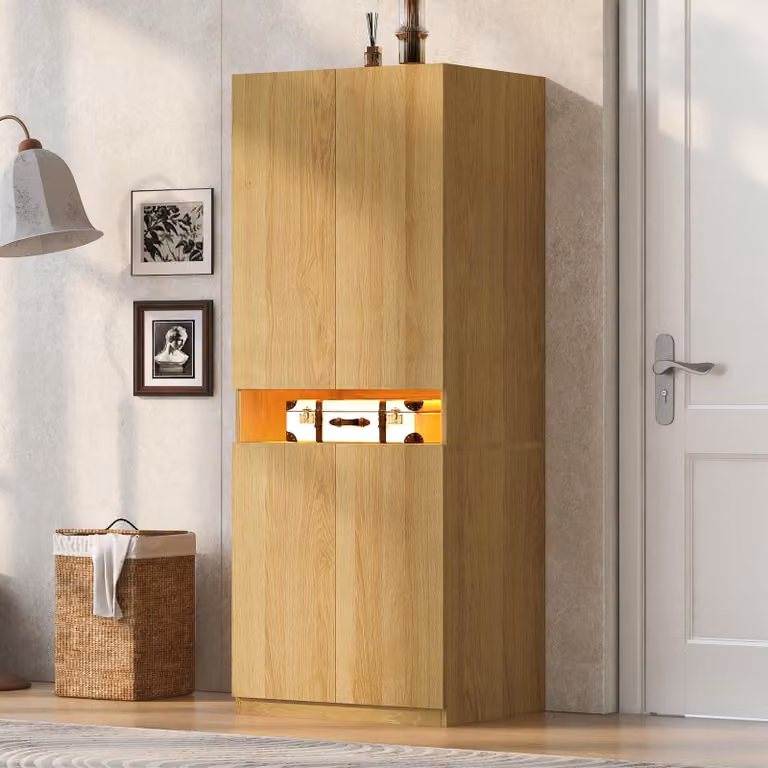 Armadio Merax con 2 ante e illuminazione a LED, armadio singolo con barra appendiabiti e ripiani, armadio per bambini con ampio spazio di stoccaggio, colore legno