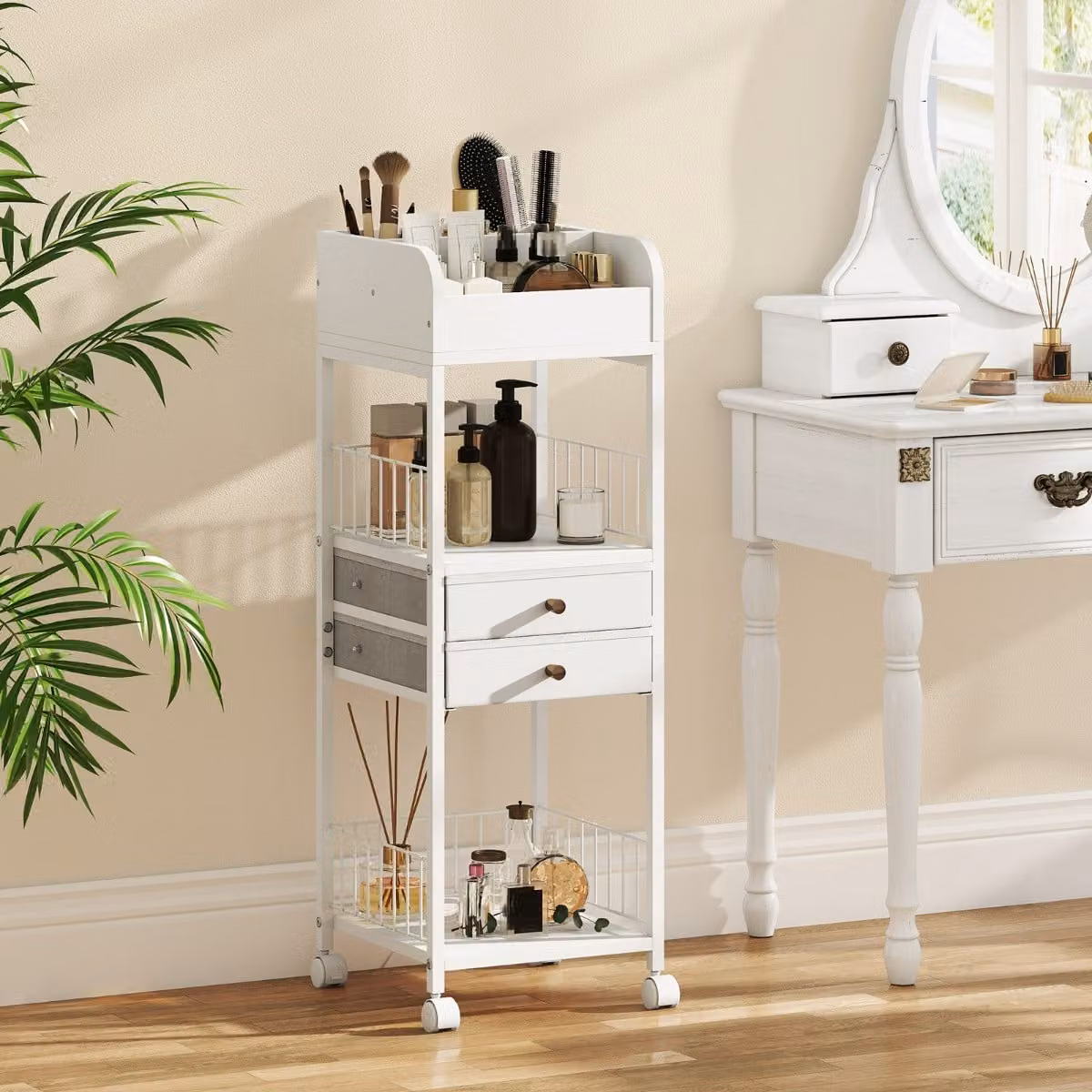 Carrello organizzatore per trucco Costway con ruote e cassetti, colore bianco