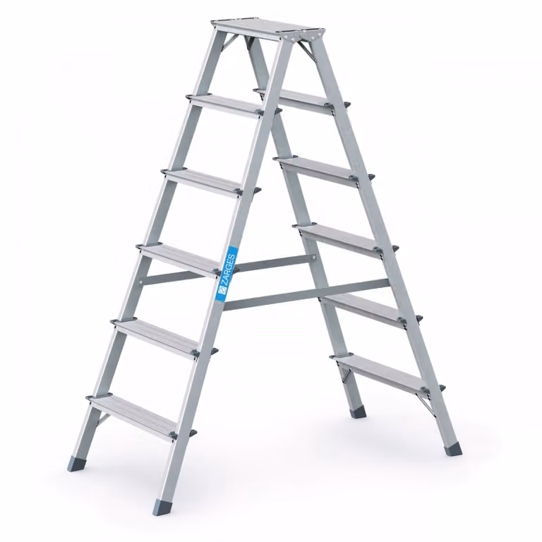 Scala a pioli Zarges in alluminio a 6 gradini, 2 lati, piattaforma H 1400 mm, 5,8 kg con cinghie di sicurezza - 44206