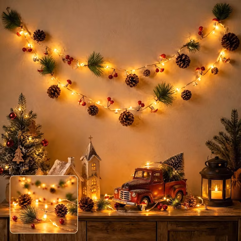Catena luminosa a LED, lunghezza 2 metri, con 20 LED bianco caldo, decorata con pigne, alimentata a batteria