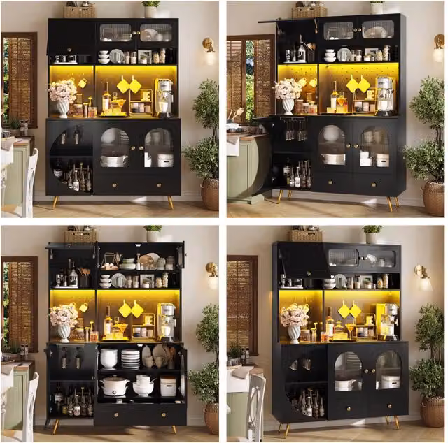Sideboard moderno nero con illuminazione LED, USB e prese. Mobile alto cucina/soggiorno con pannello forato, 1 cassetto e ripiani in vetro.
