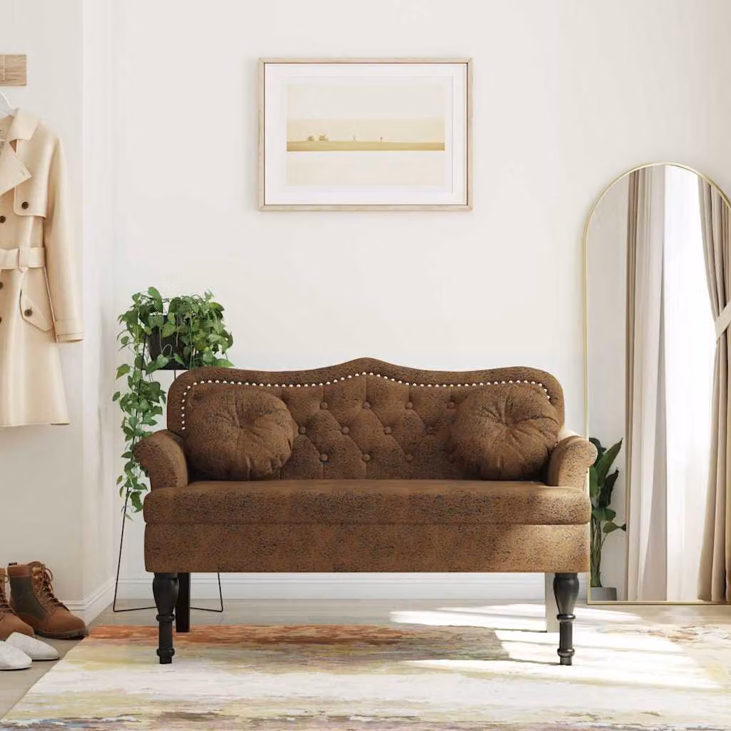 Panca con Cuscini vidaXL in Similpelle Scamosciata e Legno, Marrone Antico, L 120,5 x P 65 x H 75 cm