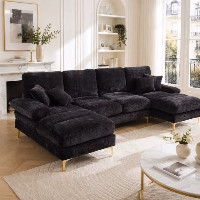Divano componibile a U 4 posti 272 cm con doppia chaise longue in ciniglia nera per soggiorno