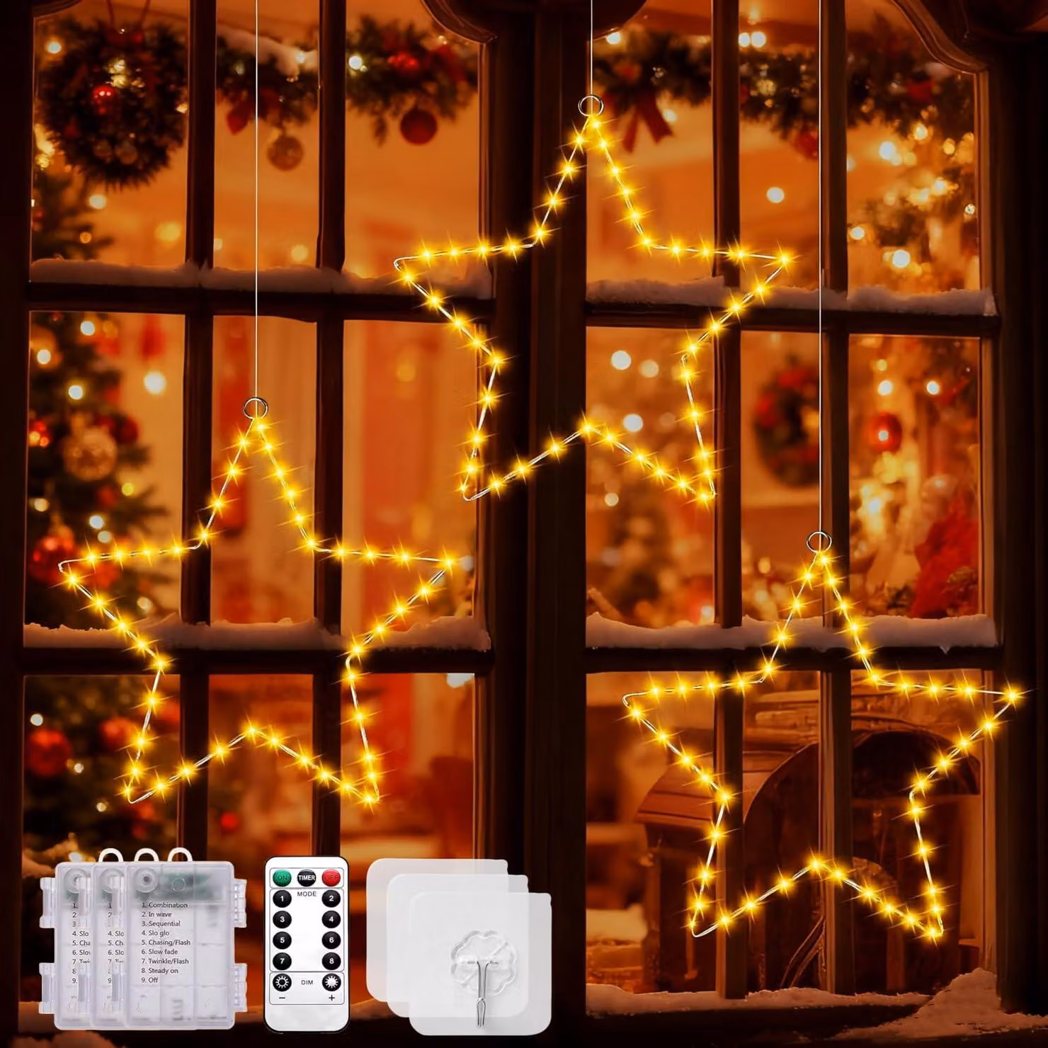 Set di 3 stelle decorative a LED, con 45 LED per stella, alimentate a batteria, con timer, grado di protezione IP44, luce bianco caldo