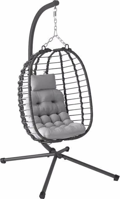 Sedia Sospesa a Uovo in Rattan con Cuscini e Supporto in Acciaio, Grigio, H 188 x L 122 x P 104 cm