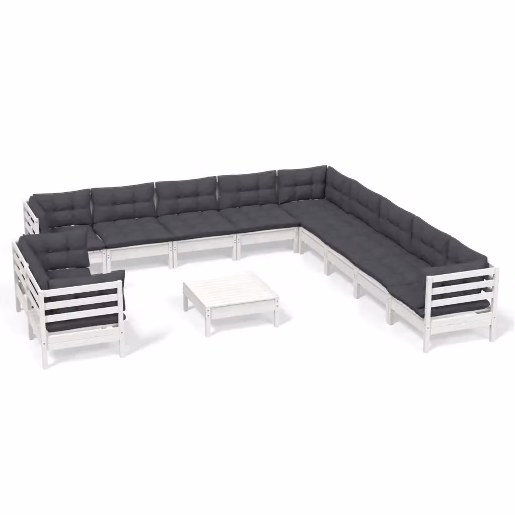 Set di Divani da Giardino a Forma di U vidaXL in Legno di Pino con Cuscini Bianchi e Antracite – 2
